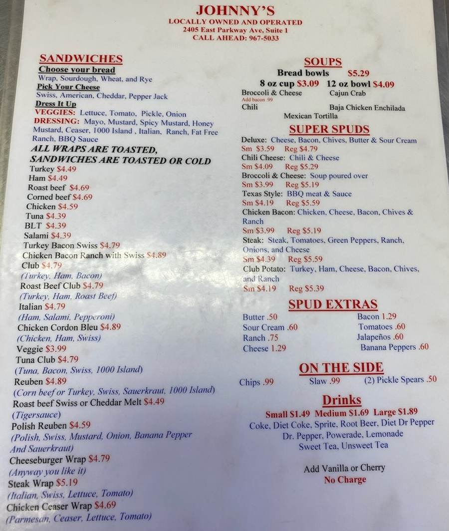 Johnny's Ice Cream & Deli menu page 1